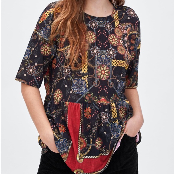 Zara Peplum Patterned Short-sleeved Top NWT - Picture 2 of 6